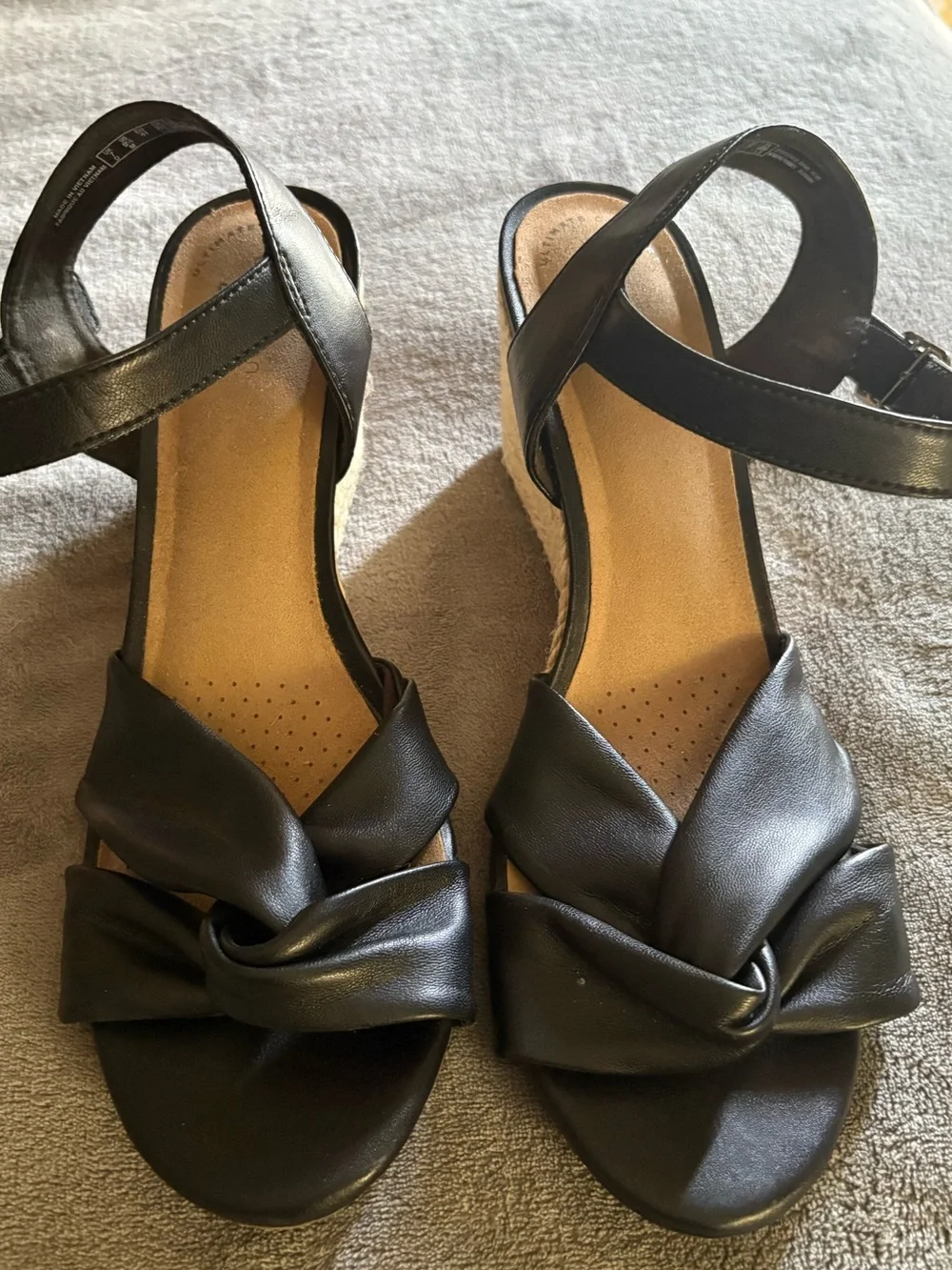 Clarks Black Knotted Front Wedge Sandals with Ankle Strap